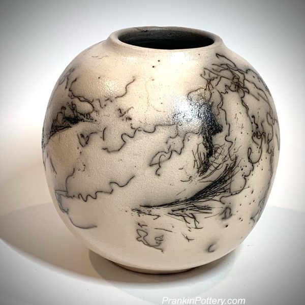 Raku Round Pot w/ Horse Hair and Feathers