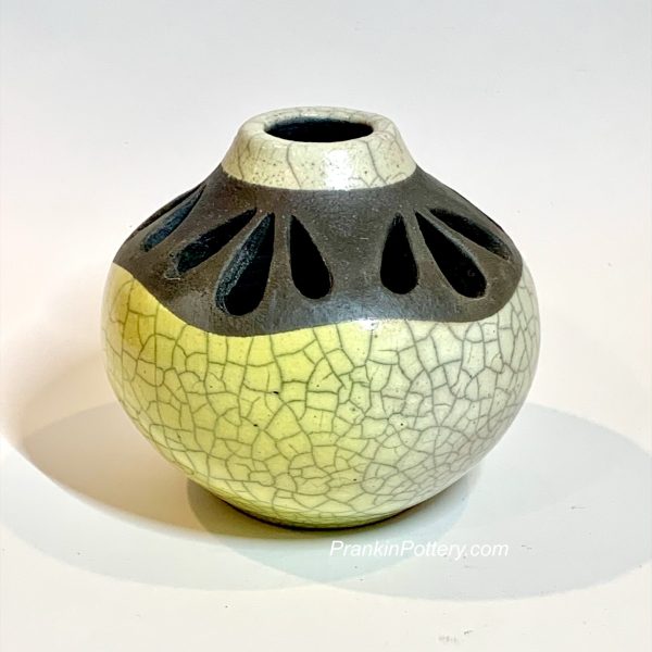Raku carved with yellow crackle glaze